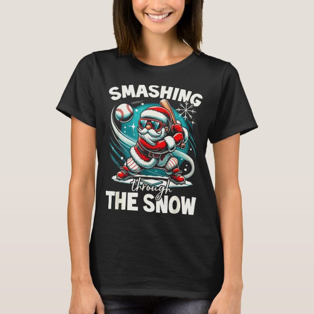 Camiseta Baseball Player Christmas Santa, Smashing Through  (Frente)
