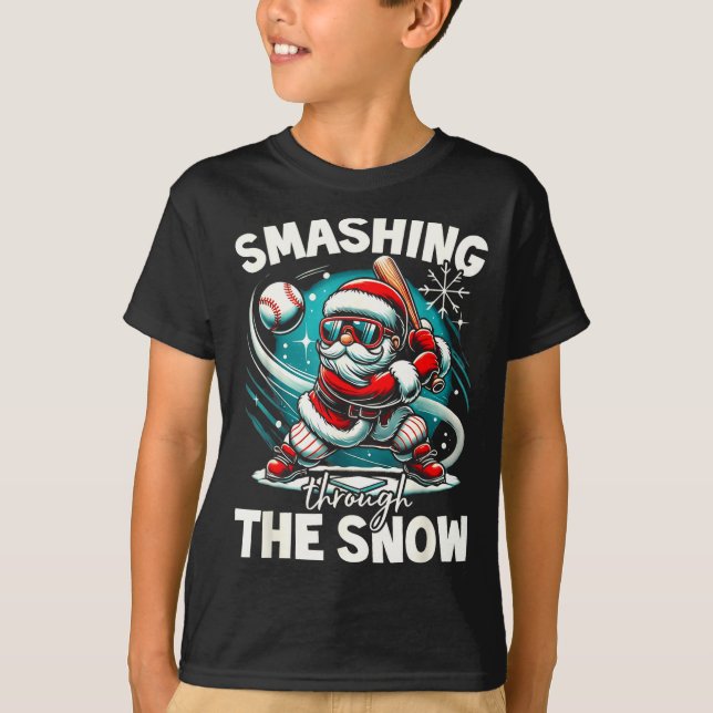 Camiseta Baseball Player Christmas Santa, Smashing Through  (Frente)