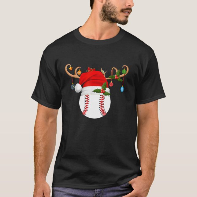 Camiseta Baseball Xmas Reindeer Santa Hat Natal (Frente)