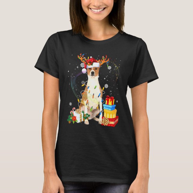 Camiseta Basenji Christmas Reindeer Santa Hat Lights Dog Xm (Frente)