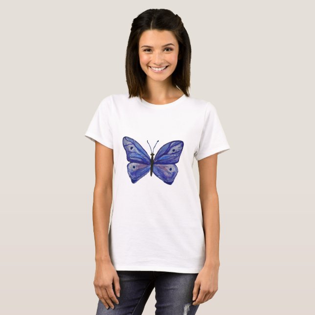 Camiseta Básica das Mulheres de Arte Azul, Branco (Frente Completa)