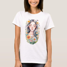 Camiseta Básica das Mulheres Uma garota com flores
