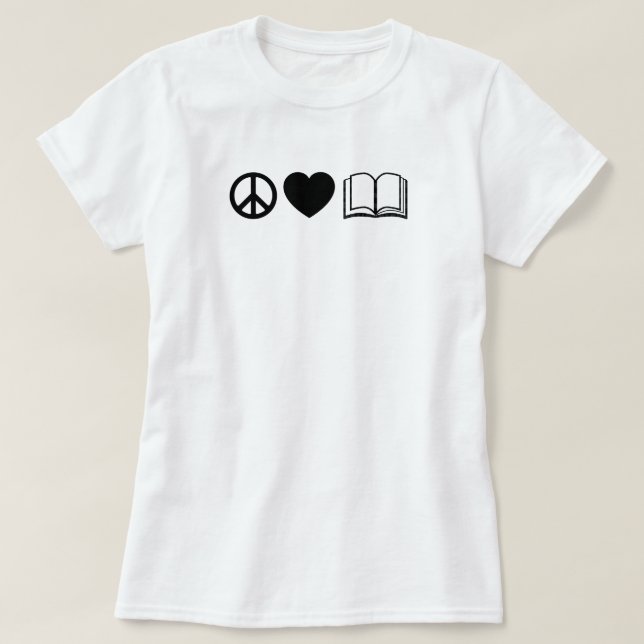 Camiseta Básica de Paz, Amor e Livros (Frente do Design)