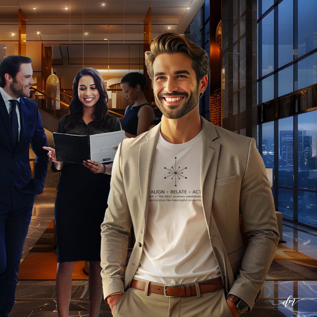 Camiseta Básica Masculina (Luxury t-shirt with logo & tagline in executive lounge, networking & brand impact)
