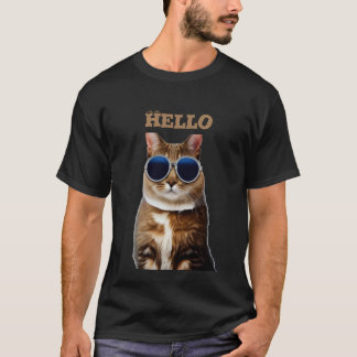 Camiseta Básica Masculina Escura Olá Gato com Ócul