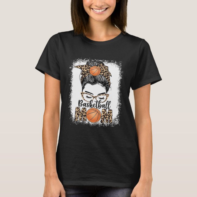 Camiseta Basketball Mom Game Day Messy Bun Leopard Mother s (Frente)