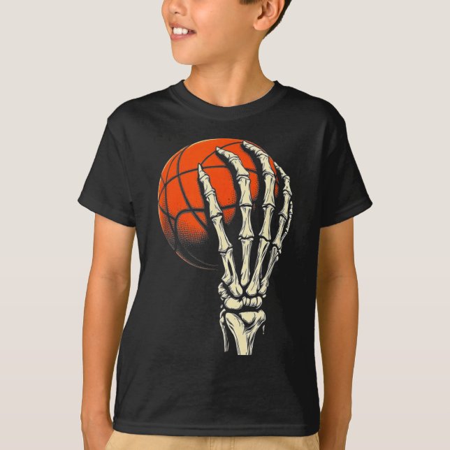 Camiseta Basquete de Halloween Esqueleto Crânio Jogador Hom (Frente)
