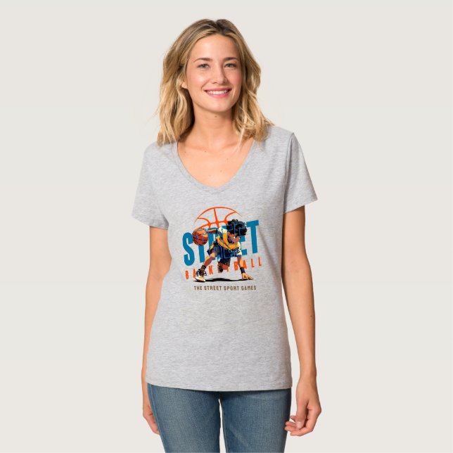 Camiseta Basquete de Rua | Pescoço-V feminino (Frente Completa)