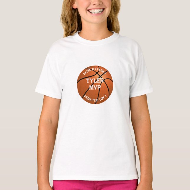 Camiseta Basquete, Nome da Criança, MVP/Número, 2 Linhas de (Frente)