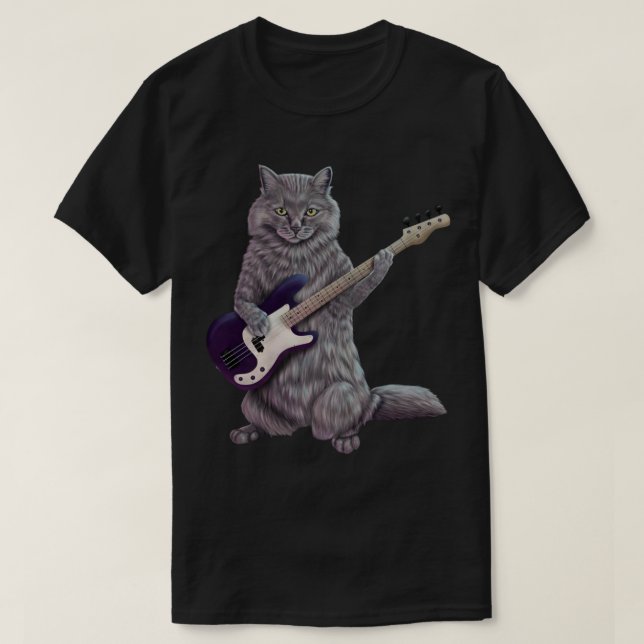 Camiseta Bass Cat- Rock banda gatinho tocando violão (Frente do Design)