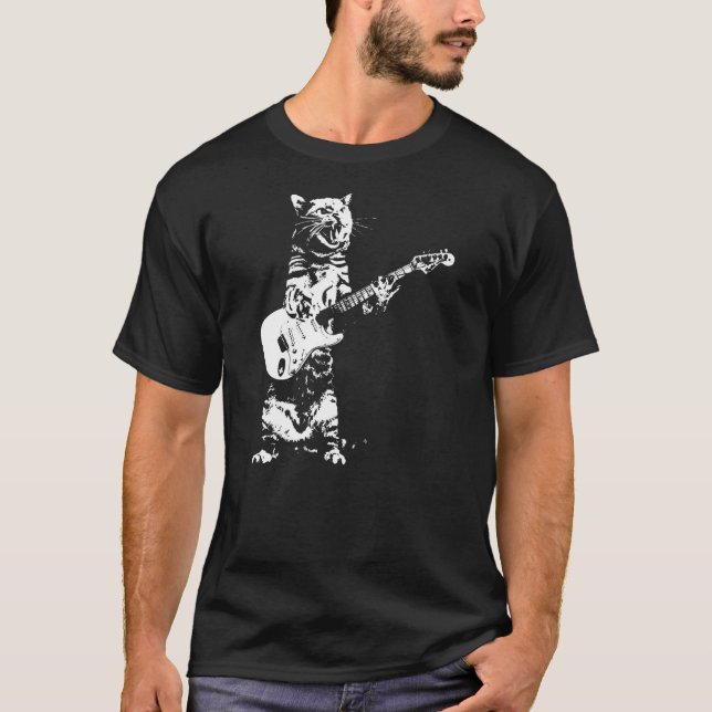 Camiseta Bass Cat Rock Gatinho Em Um Violão De Bass  (Frente)