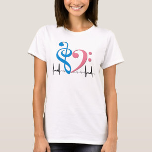 Camiseta Bass Clef Heart EKG Onda Cio e Rosa