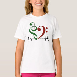 Camiseta Bass Clef Heart EKG Onda Verde e Vermelho Ruby