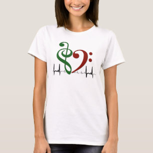 Camiseta Bass Clef Heart EKG Onda Verde e Vermelho Ruby