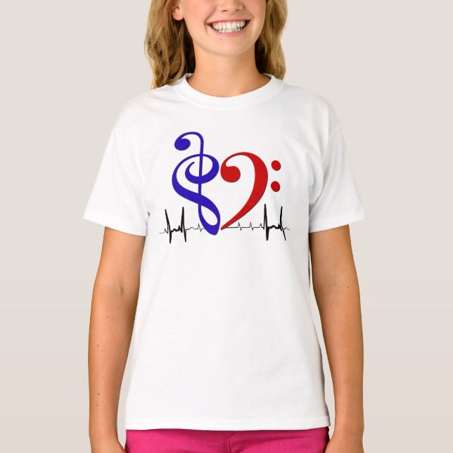 Camiseta Bass Clef Heart EKG Waves Marinho & Red (Frente)