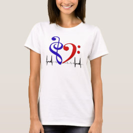 Camiseta Bass Clef Heart EKG Waves Marinho & Red