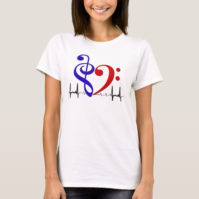 Camiseta Bass Clef Heart EKG Waves Marinho & Red (Frente)