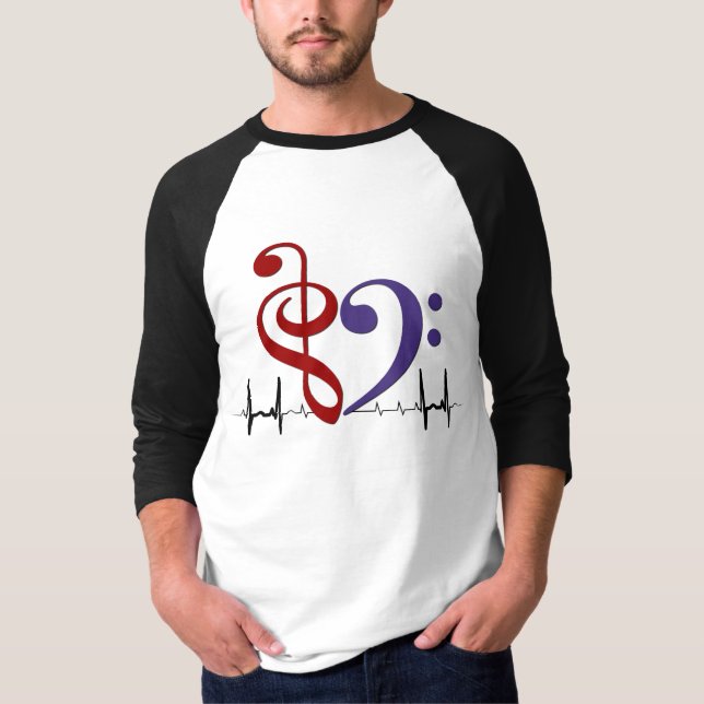 Camiseta Bass Clef Heart EKG Waves Red & Purple T Shirt (Frente)