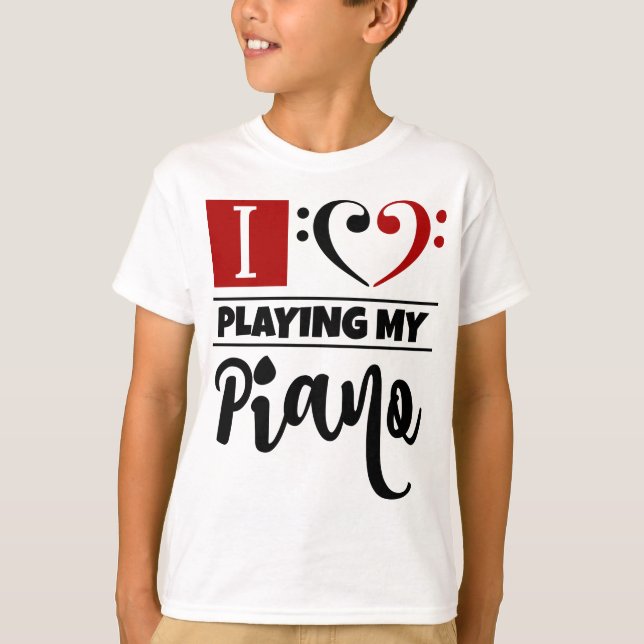 Camiseta Bass Clef Heart Eu Adoro Tocar Meu Piano (Frente)