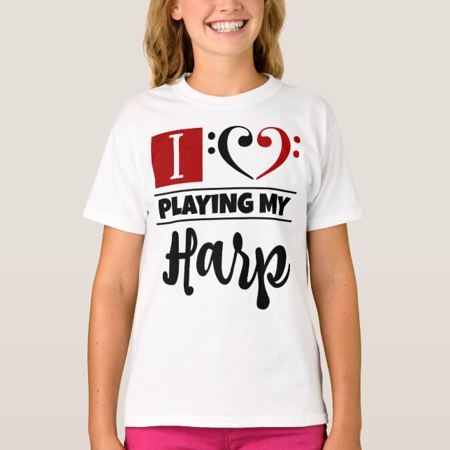 Camiseta Bass Clef Heart I Love Tocando Minha Harp (Frente)