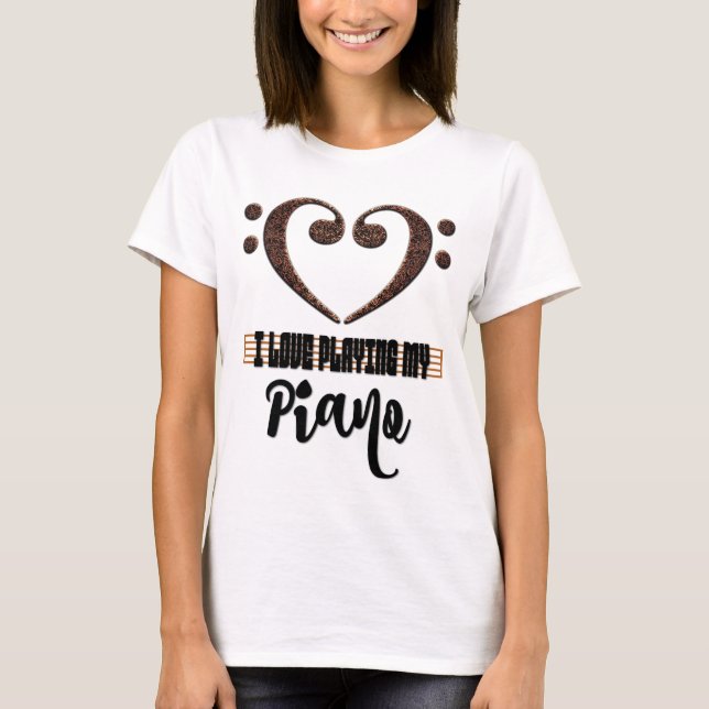 Camiseta Bass Clef Musical Heart I Love Playing My Piano (Frente)