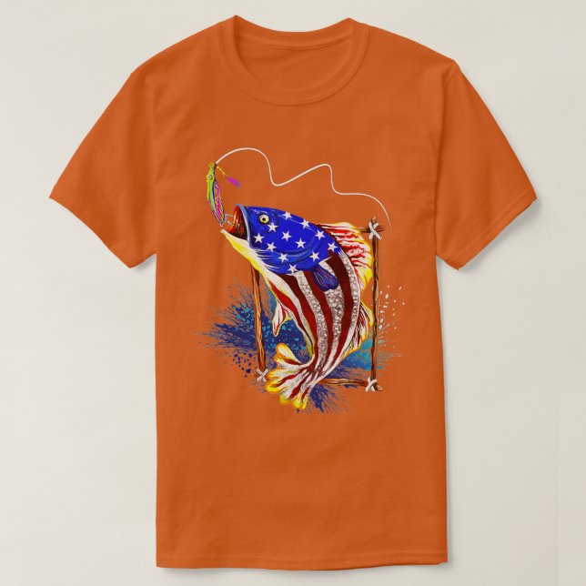 Camiseta Bass Fisheries American Flag Fish Funny Dia de os  (Frente do Design)