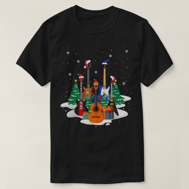 Camiseta Bass Guitar Santa Hat Música De Natal (Frente do Design)