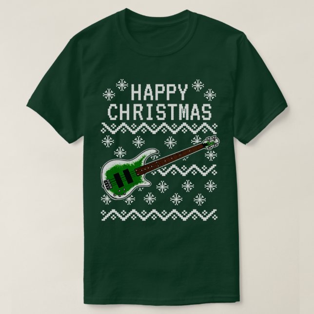 Camiseta Bass Guitar Ugly Christmas Bassista Musico 2 (Frente do Design)