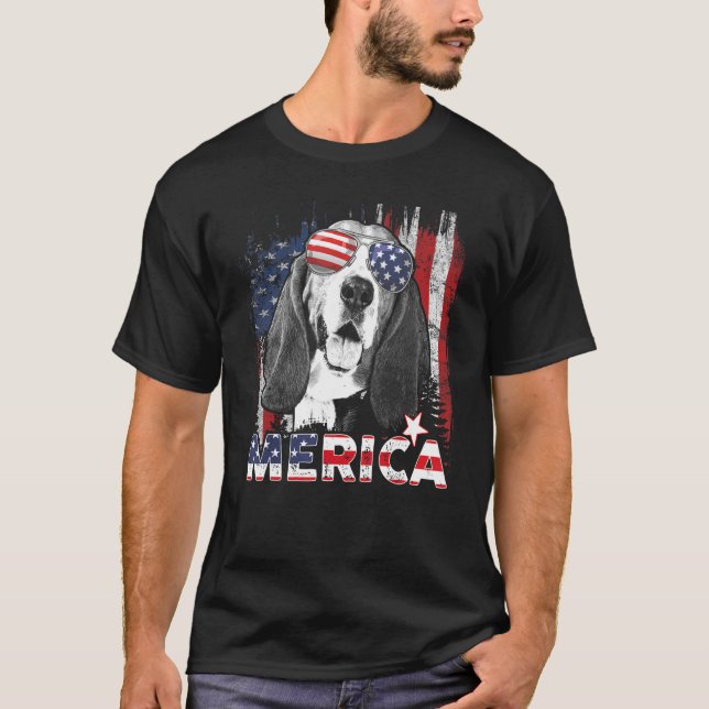 Camiseta Basset Hound 4 de julho American Flag Merica D (Frente)