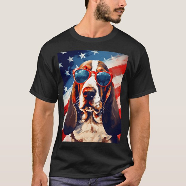 Camiseta Basset Hound 4 de julho bandeira americana (Frente)