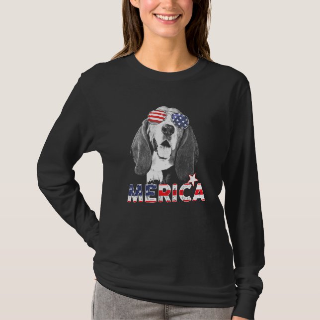 Camiseta Basset Hound 4 De Julho, Bandeira Americana Do Sun (Frente)