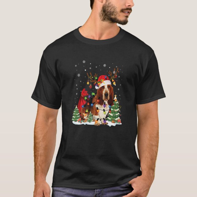 Camiseta Basset Hound Christmas Reindeer Santa Hat Pajama (Frente)