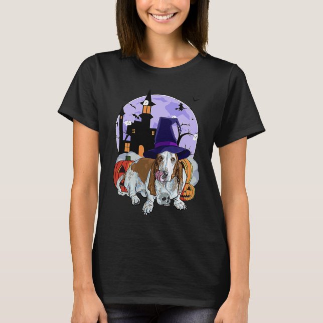 Camiseta Basset Hound Dog Halloween Witch Pumpkin (Frente)