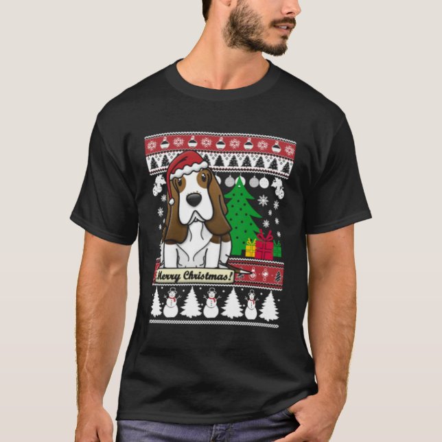 Camiseta Basset Hound Merry Christmas Tree Dog Xmas Snow Sa (Frente)