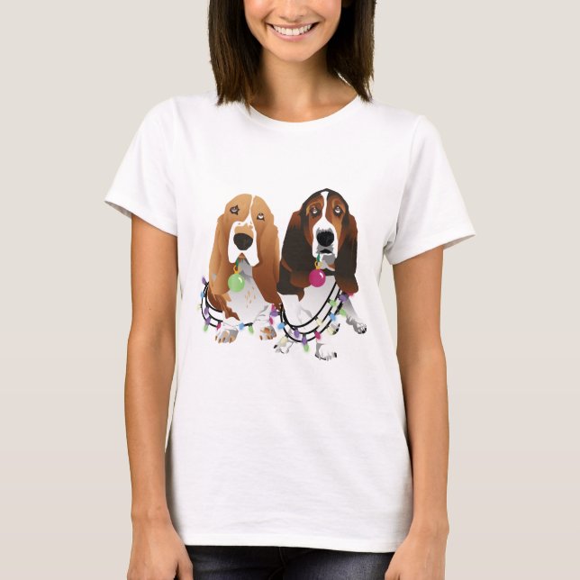 Camiseta Basset Hound Peace Love Joy Design de Natal (Frente)