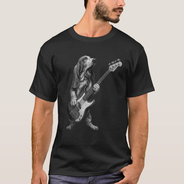 Camiseta Basset Hound Playing Bass Guitar Rock Music Dog Lo (Frente)