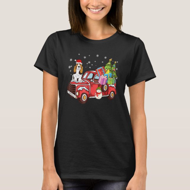Camiseta Basset Hound Riding Red Truck Merry Christmas Dog (Frente)