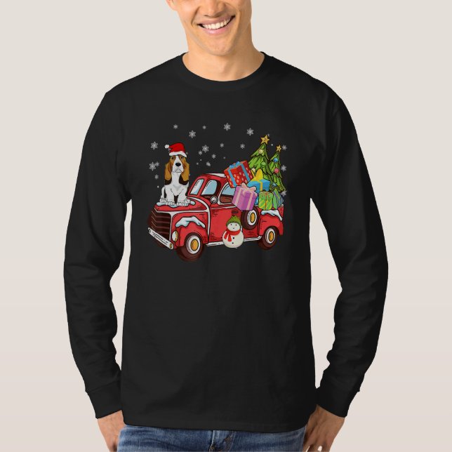 Camiseta Basset Hound Riding Red Truck Merry Christmas Dog (Frente)