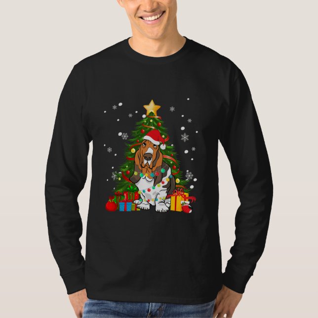 Camiseta Basset Hound Santa Christmas Tree Light Pajama (Frente)