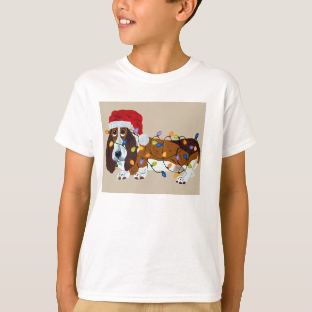 Camiseta Basset Tangido Em Luzes De Natal (Frente)