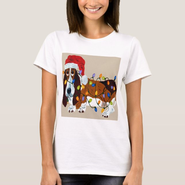 Camiseta Basset Tangled em luzes de Natal (Frente)