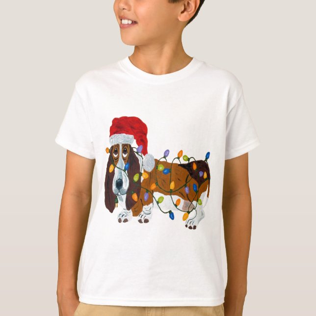 Camiseta Basset Tangled em luzes de Natal (Frente)