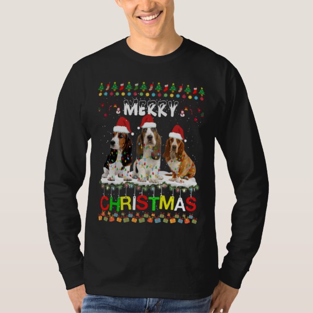 Camiseta Bassett Hound Árvore de Natal Light Pajama Xmas (Frente)