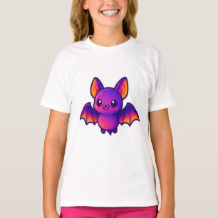 Camiseta Bat de Cartoon Bonito com Asas Roxas Vibrantes e G