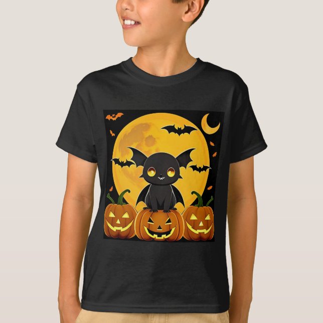 Camiseta Bat de Cartoon e Pumpkins Jack-O'-Lanterna (Frente)