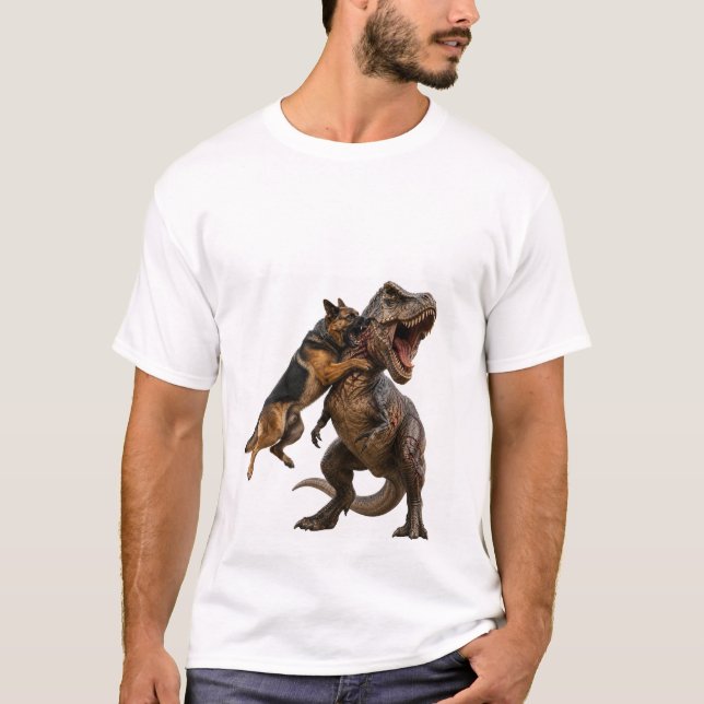 Camiseta Batalha Épica Cachorro vs T-Rex (Frente)