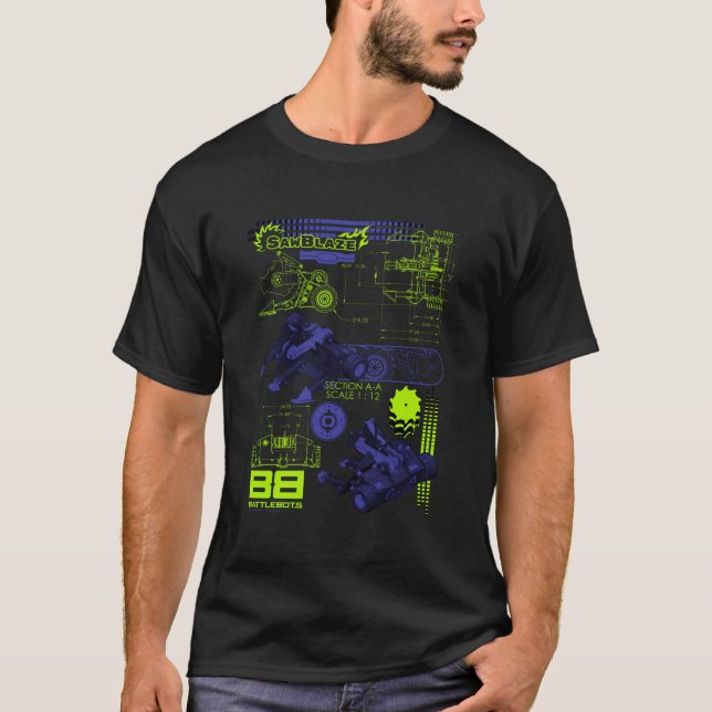 Camiseta Batebots Sawblaze Batalha de Esquemática (Frente)