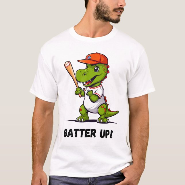 Camiseta Batendo Dino Jogando Baseball (Frente)