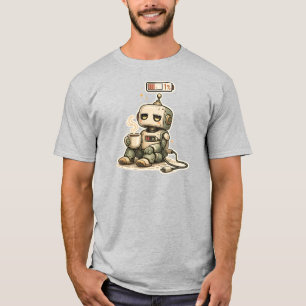 Camiseta Bateria Baixa Humano Fofo Robô Café Engraçado Retr