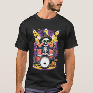 Camiseta Baterista Esqueleto Design Divertido de Halloween 